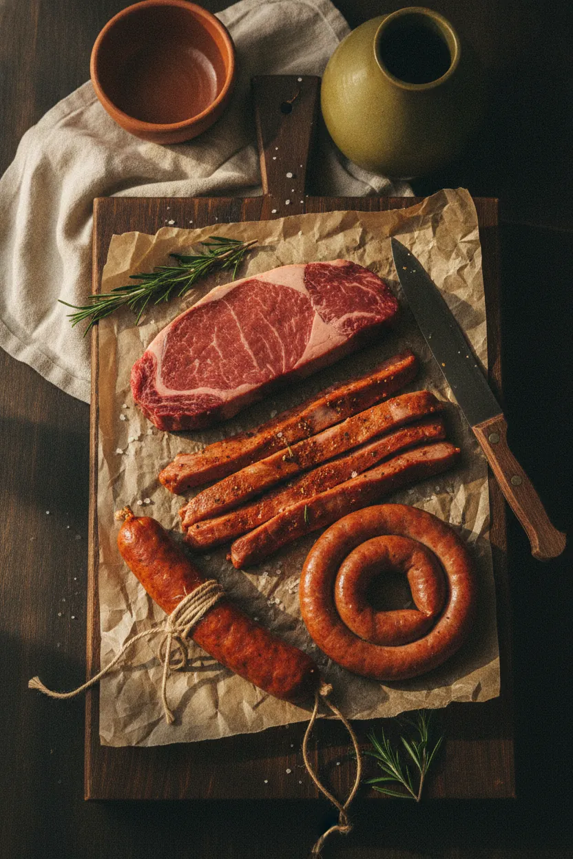 Arrachera, bistec, chorizo y longaniza sobre papel de estraza