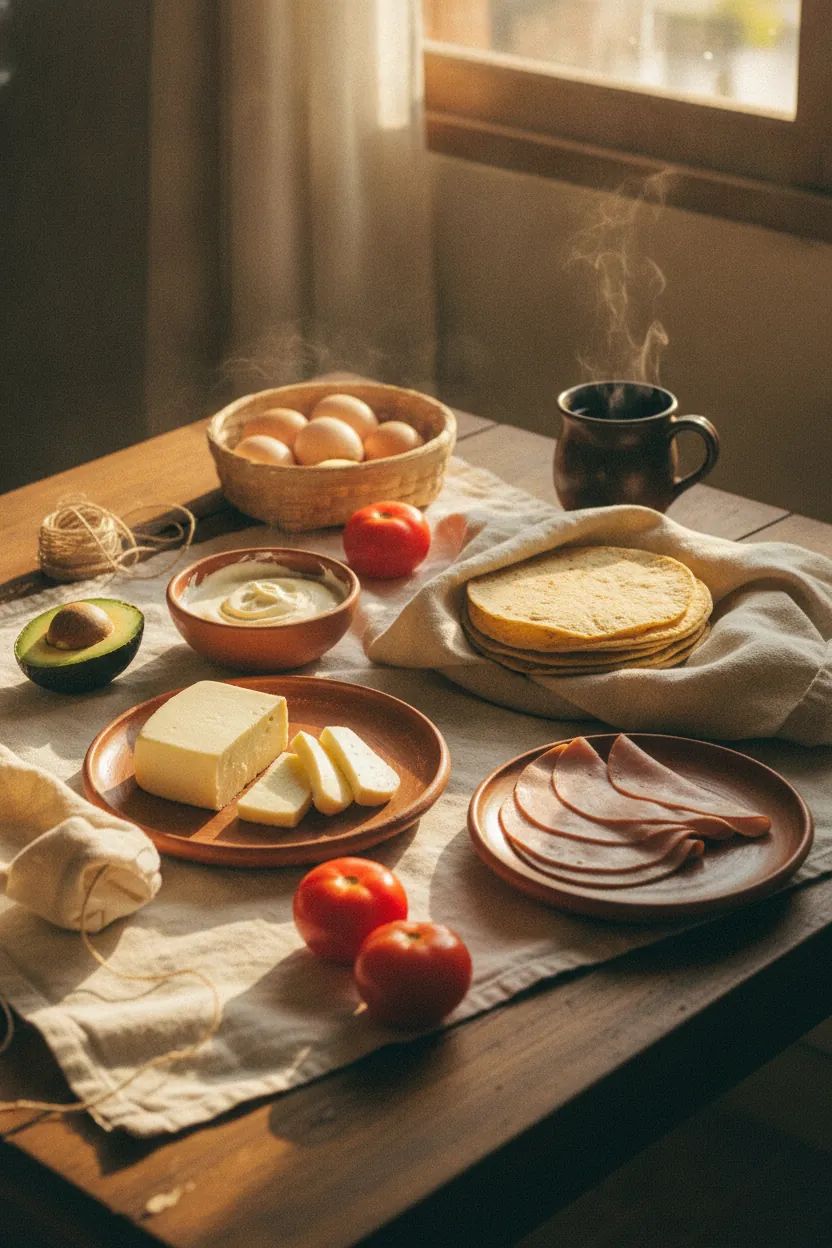 La mesa de una casa con queso, jamón, aguacate y tortillas